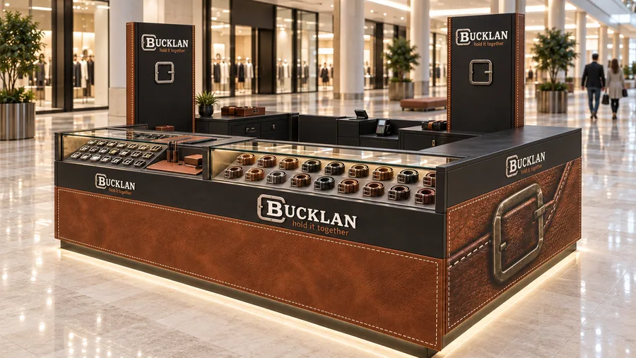 BUCKLAN counter-type island kiosk — right three-quarter view, leather belts (AI-assisted 3D visualisation)