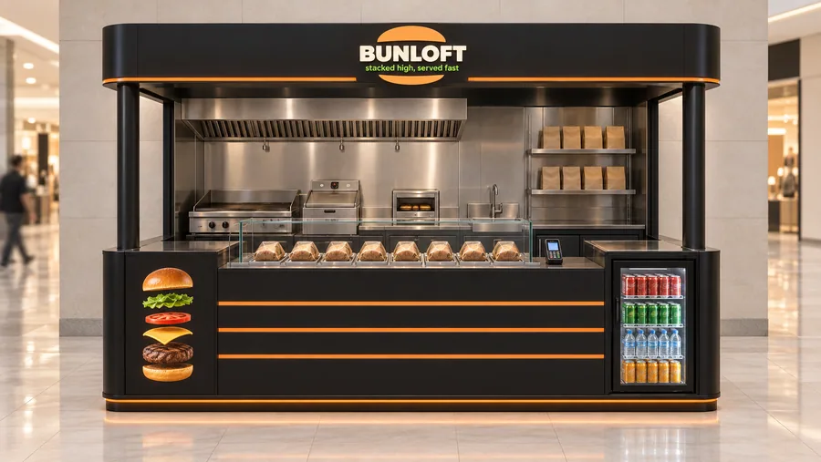 BUNLOFT crowned kiosk in front of a wall — front view, smash burgers (AI-assisted 3D visualisation)