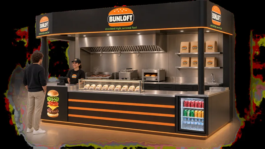 BUNLOFT crowned kiosk in front of a wall — left three-quarter view, smash burgers (AI-assisted 3D visualisation)