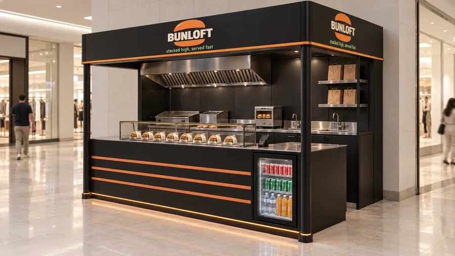 BUNLOFT crowned kiosk in front of a wall — right three-quarter view, smash burgers (AI-assisted 3D visualisation)