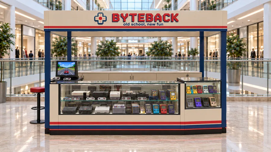 BYTEBACK crowned kiosk in front of a balcony — front view, generic retro-style plug-and-play consoles (AI-assisted 3D visualisation)