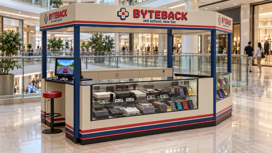 BYTEBACK crowned kiosk in front of a balcony — left three-quarter view, generic retro-style plug-and-play consoles (AI-assisted 3D visualisation)