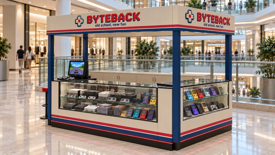 BYTEBACK crowned kiosk in front of a balcony — right three-quarter view, generic retro-style plug-and-play consoles (AI-assisted 3D visualisation)