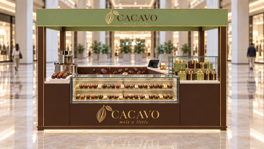 CACAVO crowned island kiosk — front view, artisan chocolate (AI-assisted 3D visualisation)
