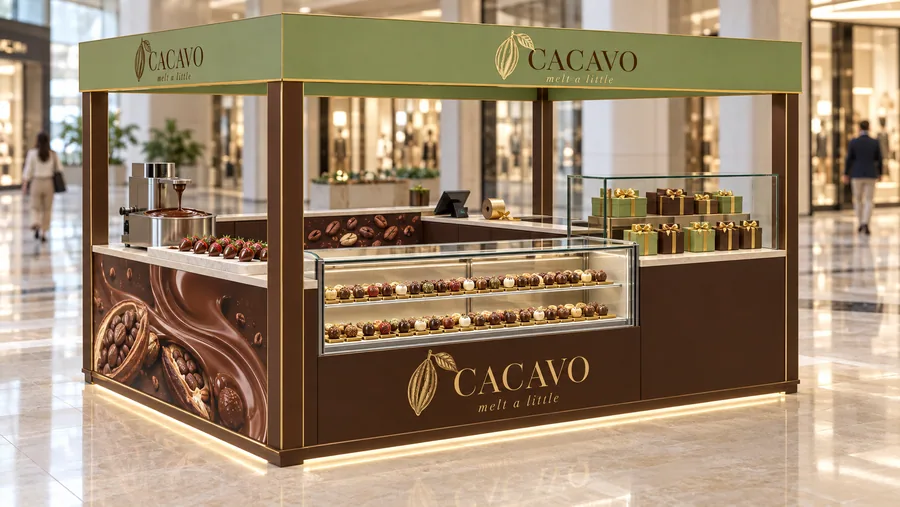 CACAVO crowned island kiosk — left three-quarter view, artisan chocolate (AI-assisted 3D visualisation)