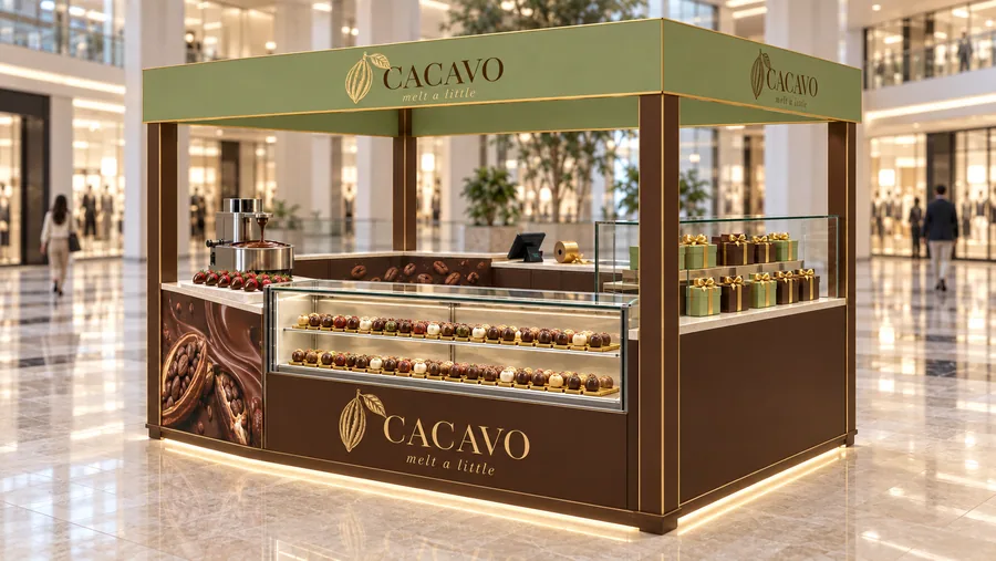 CACAVO crowned island kiosk — right three-quarter view, artisan chocolate (AI-assisted 3D visualisation)