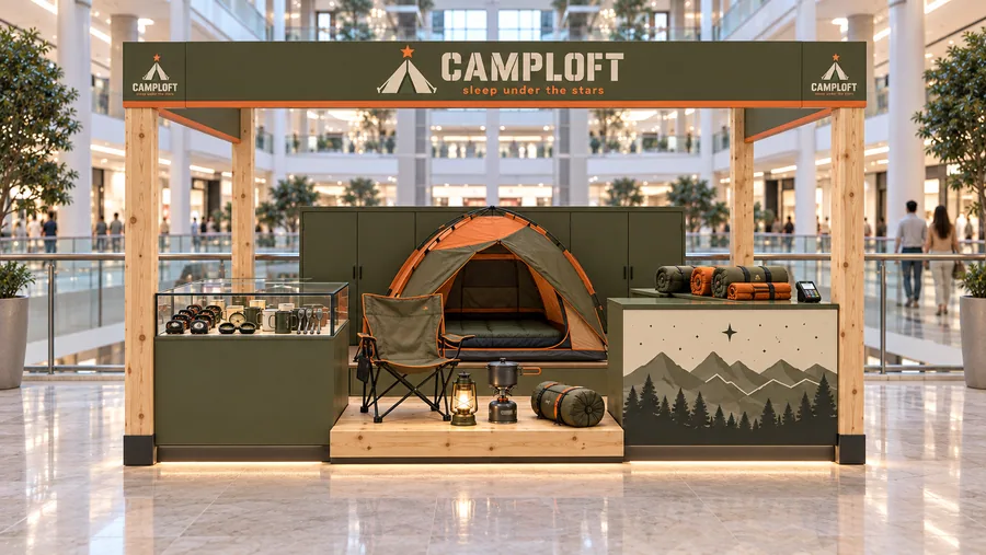 CAMPLOFT crowned kiosk in front of a balcony — front view, tents (AI-assisted 3D visualisation)