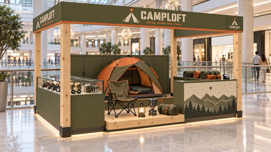 CAMPLOFT crowned kiosk in front of a balcony — left three-quarter view, tents (AI-assisted 3D visualisation)