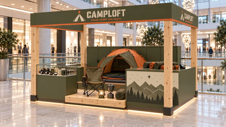 CAMPLOFT crowned kiosk in front of a balcony — right three-quarter view, tents (AI-assisted 3D visualisation)