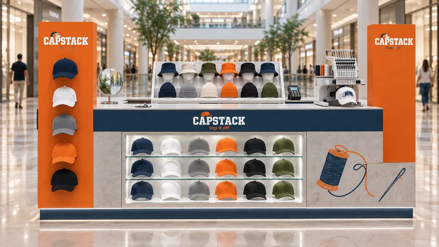CAPSTACK counter-type island kiosk — front view, hats and caps (AI-assisted 3D visualisation)