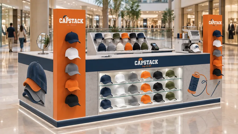 CAPSTACK counter-type island kiosk — left three-quarter view, hats and caps (AI-assisted 3D visualisation)