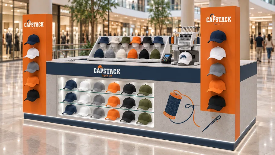 CAPSTACK counter-type island kiosk — right three-quarter view, hats and caps (AI-assisted 3D visualisation)