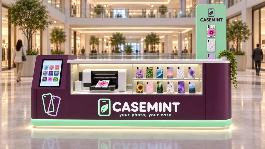 CASEMINT counter-type island kiosk — front view, custom phone-case printing while you wait (AI-assisted 3D visualisation)