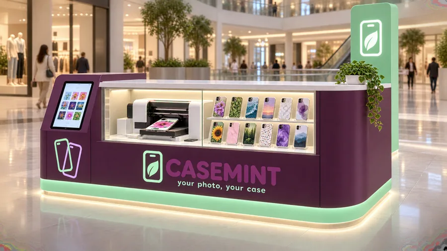 CASEMINT counter-type island kiosk — left three-quarter view, custom phone-case printing while you wait (AI-assisted 3D visualisation)