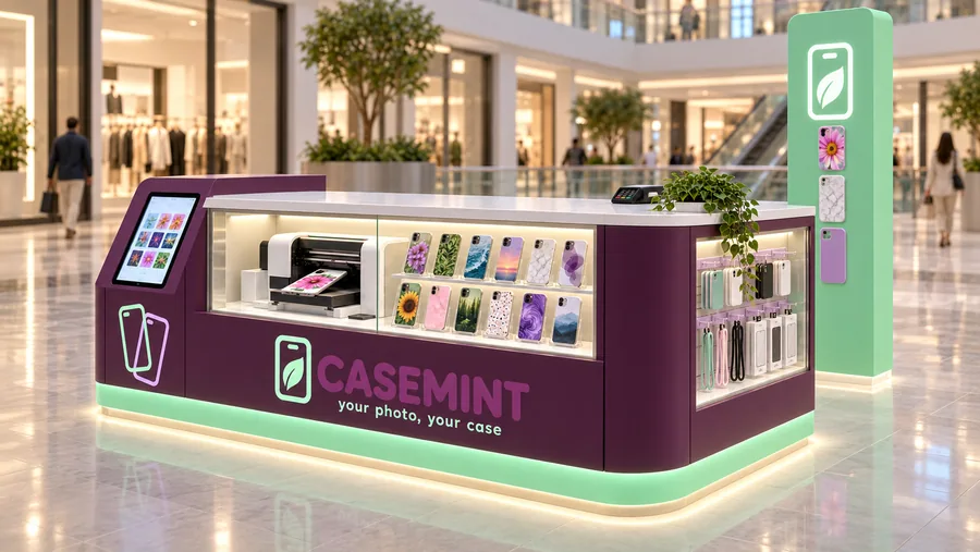 CASEMINT counter-type island kiosk — right three-quarter view, custom phone-case printing while you wait (AI-assisted 3D visualisation)