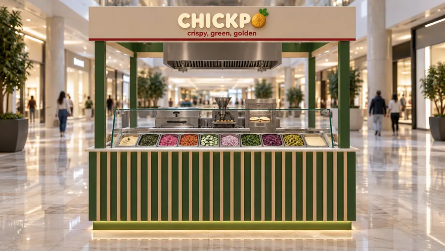 CHICKPO crowned island kiosk — front view, freshly fried falafel in pita wraps and bowls with (AI-assisted 3D visualisation)