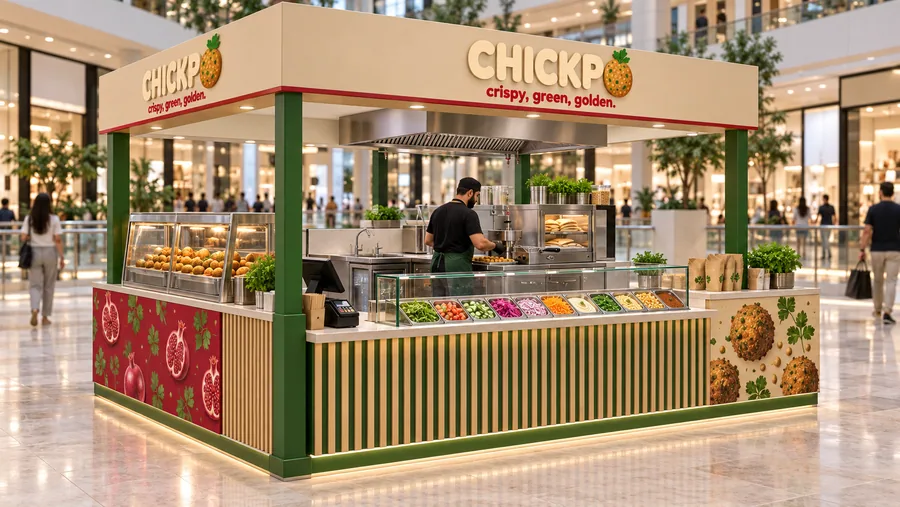 CHICKPO crowned island kiosk — left three-quarter view, freshly fried falafel in pita wraps and bowls with (AI-assisted 3D visualisation)