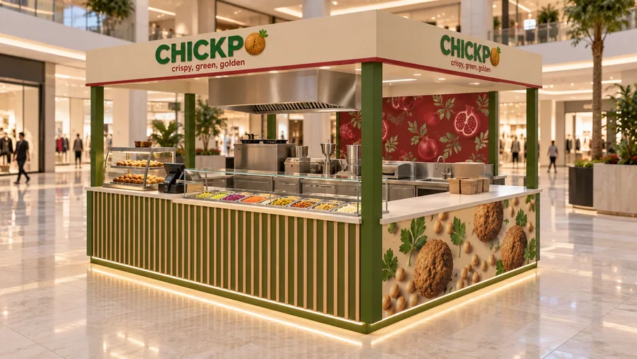 CHICKPO crowned island kiosk — right three-quarter view, freshly fried falafel in pita wraps and bowls with (AI-assisted 3D visualisation)