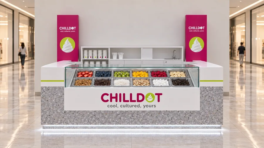 CHILLDOT counter-type kiosk in front of a wall — front view, frozen yogurt in cups with fresh fruit and crunchy (AI-assisted 3D visualisation)