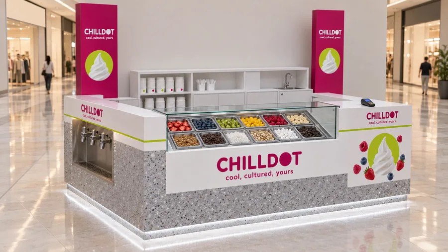 CHILLDOT counter-type kiosk in front of a wall — left three-quarter view, frozen yogurt in cups with fresh fruit and crunchy (AI-assisted 3D visualisation)