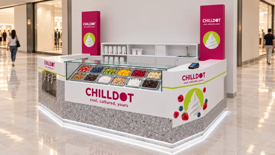 CHILLDOT counter-type kiosk in front of a wall — right three-quarter view, frozen yogurt in cups with fresh fruit and crunchy (AI-assisted 3D visualisation)