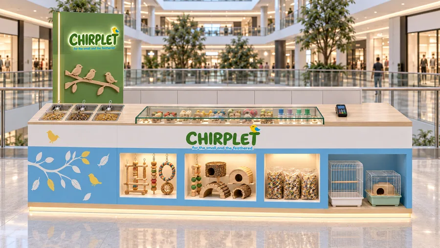 CHIRPLET counter-type kiosk in front of a balcony — front view, supplies for birds (AI-assisted 3D visualisation)