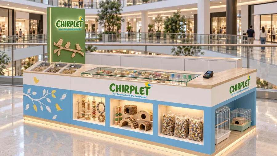 CHIRPLET counter-type kiosk in front of a balcony — left three-quarter view, supplies for birds (AI-assisted 3D visualisation)