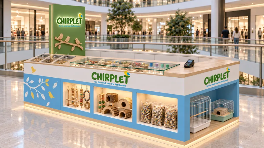 CHIRPLET counter-type kiosk in front of a balcony — right three-quarter view, supplies for birds (AI-assisted 3D visualisation)