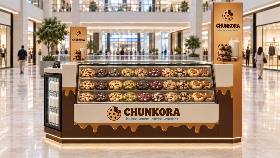CHUNKORA counter-type island kiosk — front view, thick fresh-baked cookies with chocolate chunks (AI-assisted 3D visualisation)