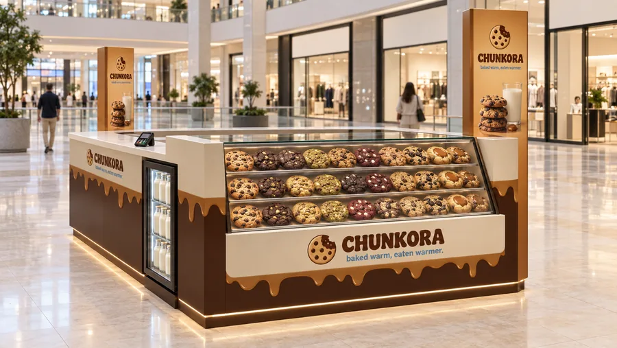 CHUNKORA counter-type island kiosk — left three-quarter view, thick fresh-baked cookies with chocolate chunks (AI-assisted 3D visualisation)