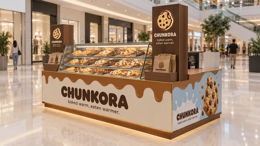 CHUNKORA counter-type island kiosk — right three-quarter view, thick fresh-baked cookies with chocolate chunks (AI-assisted 3D visualisation)