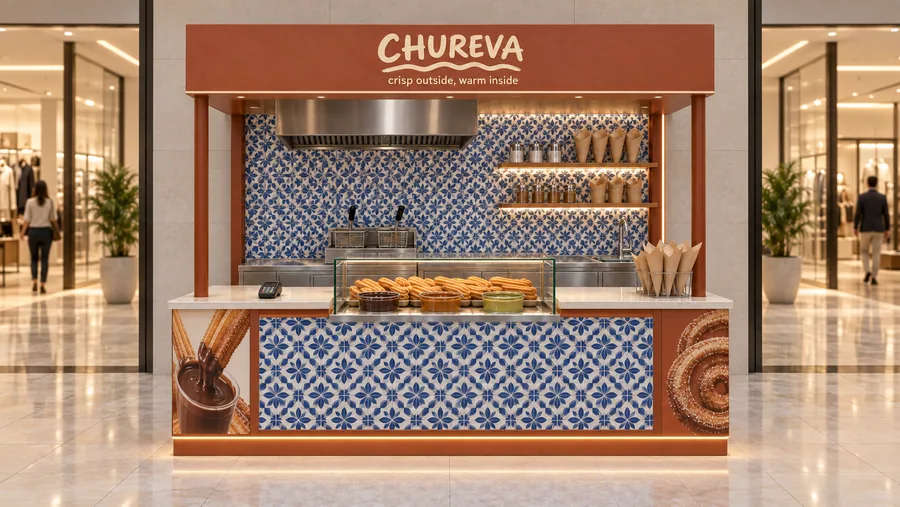 CHUREVA crowned kiosk in front of a wall — front view, churros fried to order (AI-assisted 3D visualisation)