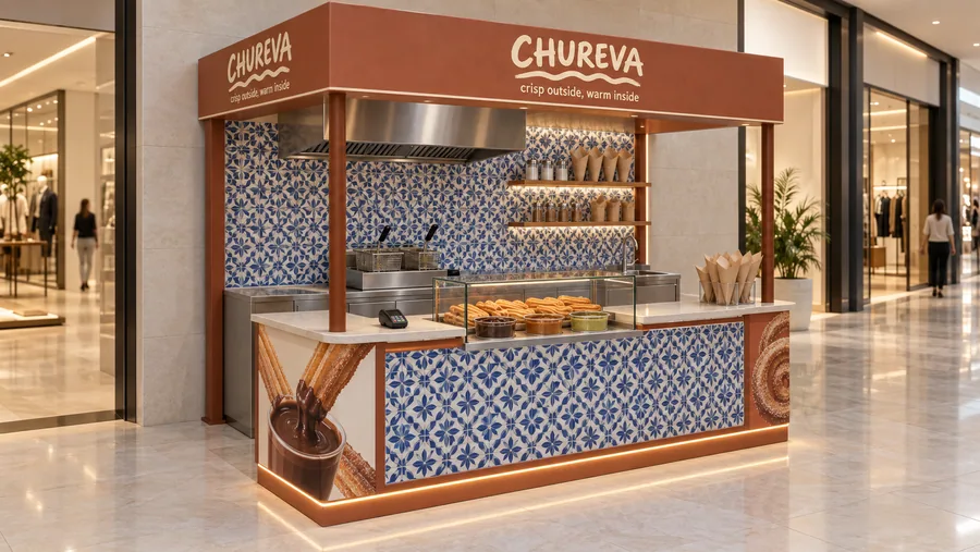 CHUREVA crowned kiosk in front of a wall — left three-quarter view, churros fried to order (AI-assisted 3D visualisation)