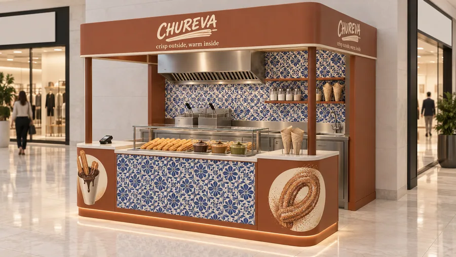 CHUREVA crowned kiosk in front of a wall — right three-quarter view, churros fried to order (AI-assisted 3D visualisation)