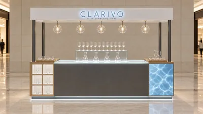 CLARIVO — كشك متوّج أمام جدار (تصور ثلاثي الأبعاد بمساعدة الذكاء الاصطناعي)