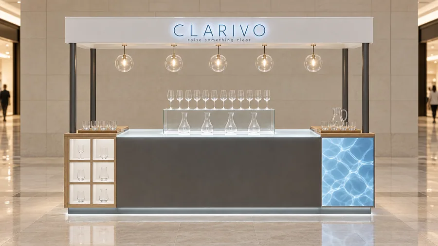 CLARIVO crowned kiosk in front of a wall — front view, drinking glassware (AI-assisted 3D visualisation)