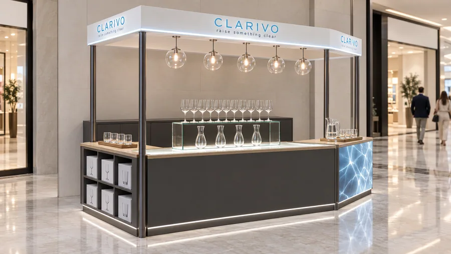 CLARIVO crowned kiosk in front of a wall — left three-quarter view, drinking glassware (AI-assisted 3D visualisation)