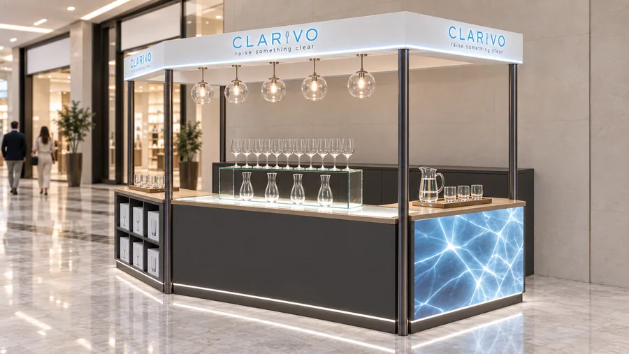 CLARIVO crowned kiosk in front of a wall — right three-quarter view, drinking glassware (AI-assisted 3D visualisation)