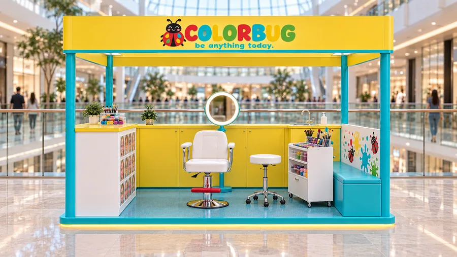 COLORBUG crowned kiosk in front of a balcony — front view, children's face painting (AI-assisted 3D visualisation)