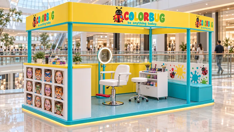COLORBUG crowned kiosk in front of a balcony — left three-quarter view, children's face painting (AI-assisted 3D visualisation)