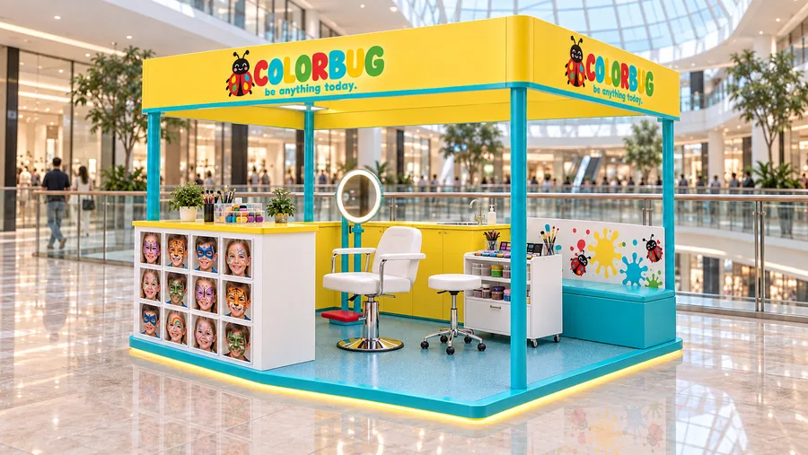 COLORBUG crowned kiosk in front of a balcony — right three-quarter view, children's face painting (AI-assisted 3D visualisation)