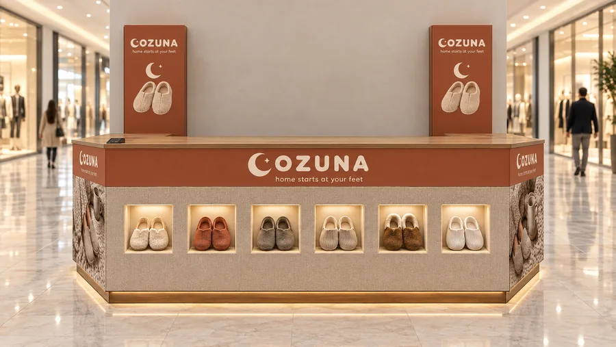 COZUNA counter-type kiosk in front of a wall — front view, home slippers (AI-assisted 3D visualisation)