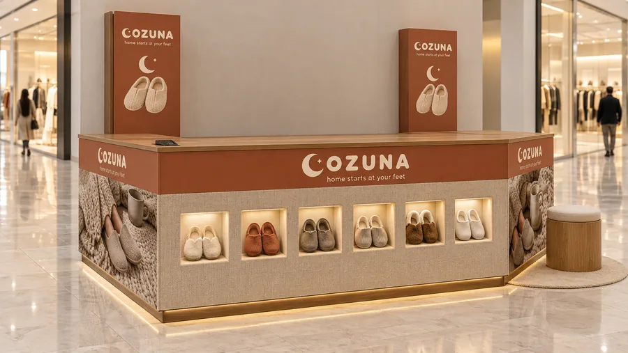COZUNA counter-type kiosk in front of a wall — left three-quarter view, home slippers (AI-assisted 3D visualisation)