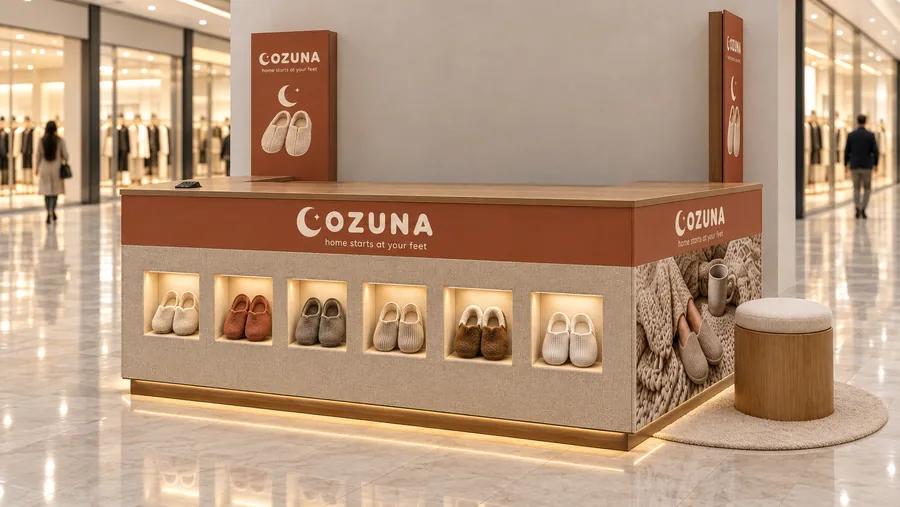 COZUNA counter-type kiosk in front of a wall — right three-quarter view, home slippers (AI-assisted 3D visualisation)