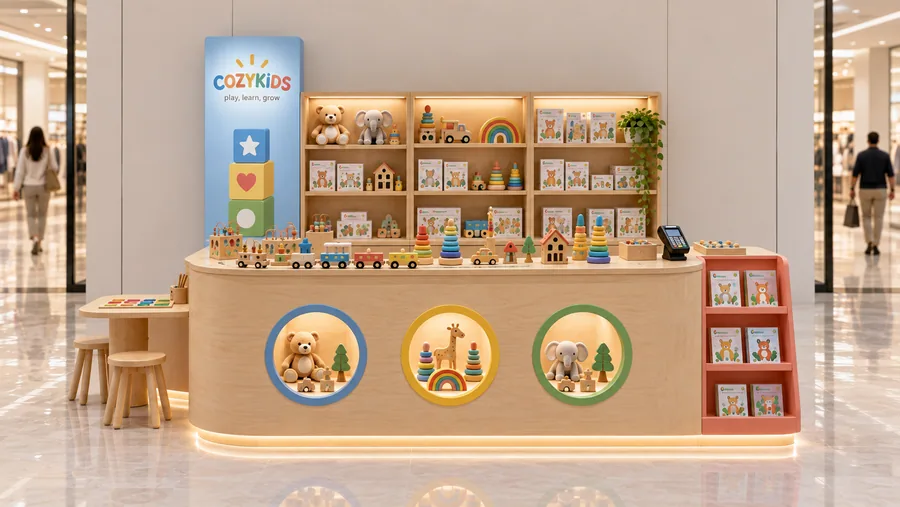 COZYKIDS counter-type kiosk in front of a wall — front view, wooden educational toys (AI-assisted 3D visualisation)