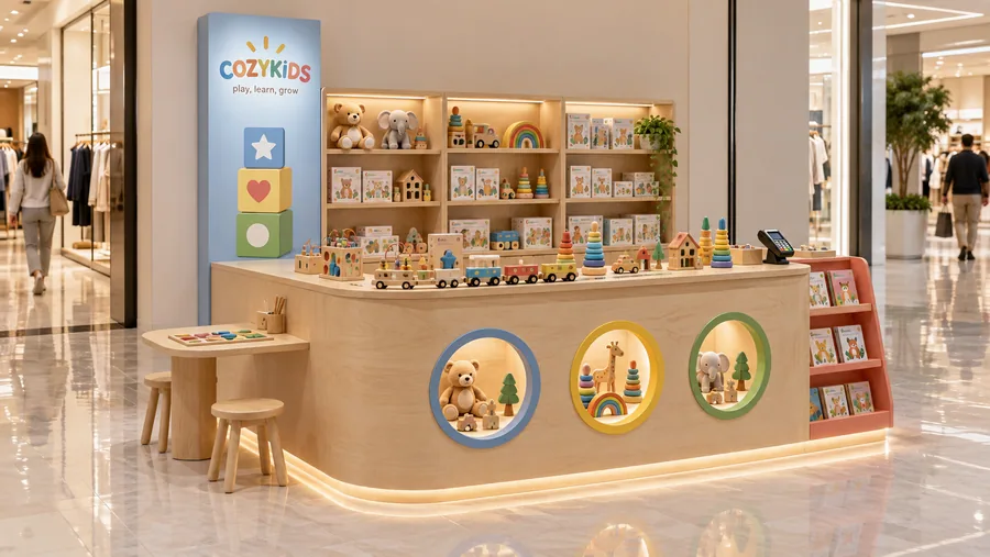 COZYKIDS counter-type kiosk in front of a wall — left three-quarter view, wooden educational toys (AI-assisted 3D visualisation)