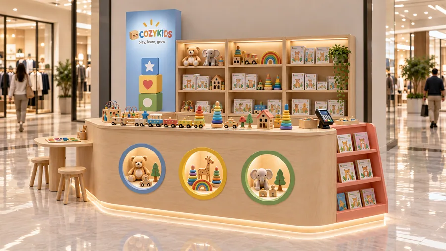 COZYKIDS counter-type kiosk in front of a wall — right three-quarter view, wooden educational toys (AI-assisted 3D visualisation)
