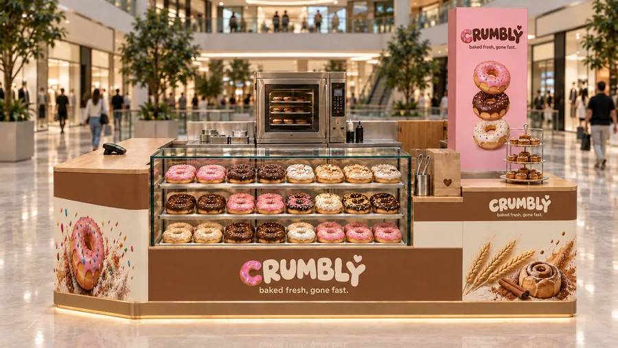 CRUMBLY counter-type island kiosk — front view, bakery and doughnut bar (AI-assisted 3D visualisation)