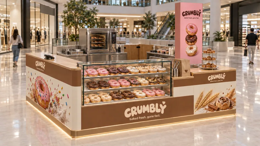 CRUMBLY counter-type island kiosk — left three-quarter view, bakery and doughnut bar (AI-assisted 3D visualisation)