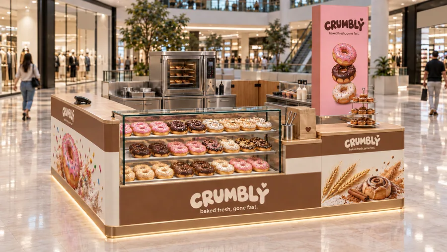 CRUMBLY counter-type island kiosk — right three-quarter view, bakery and doughnut bar (AI-assisted 3D visualisation)